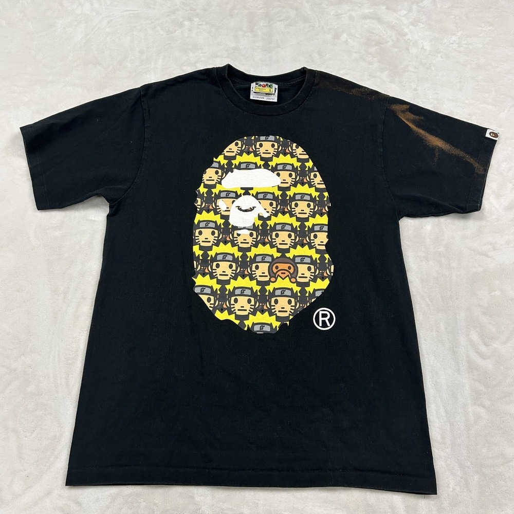 BAPE Naruto Shippuden T-Shirt Mens L Black Big Ape Head Milo Graphic Distressed